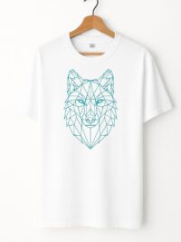 T-Shirt „Geometric Wolf“ – Weiß, XL (Herren), Rundhals, HTV Holographic Soft Metal Blue