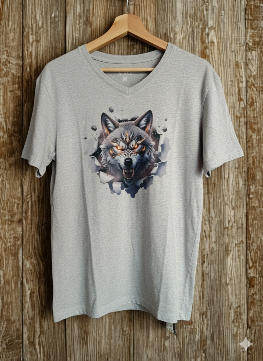 T-Shirt „Wolf“ – Grau, M, V-Neck (X-Mail/KiK)