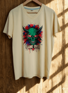 T-Shirt „Game Over Skull“ – Pastellgelb, XL, V-Neck