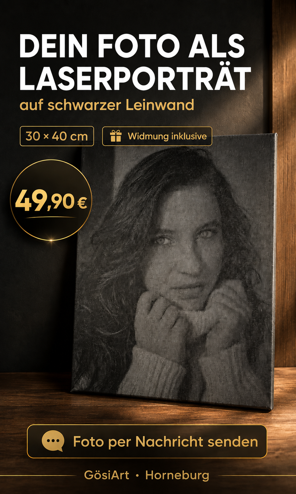 Werbegrafik für ein personalisiertes Laserporträt auf schwarzer Leinwand
