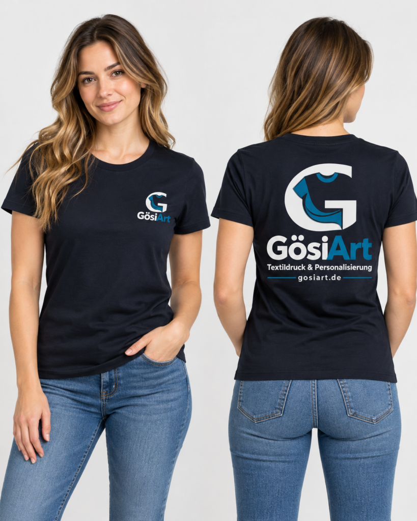 Digitale Visualisierung von Damen-Firmenkleidung mit GösiArt-Logo vorne und hinten