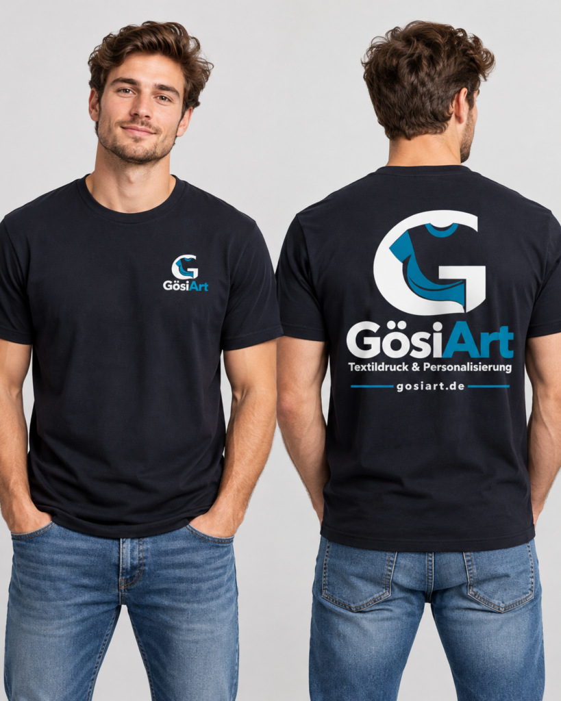 Digitale Visualisierung von Herren-Firmenkleidung mit GösiArt-Logo vorne und hinten